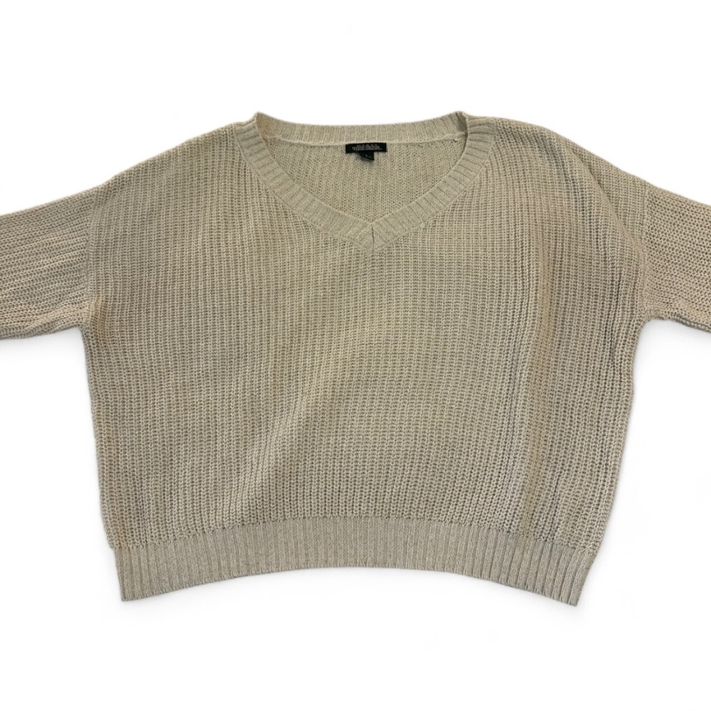 Wild Fable Women's Cropped V-Neck Sweater Cream White Gold Knit Fall Winter Cozy